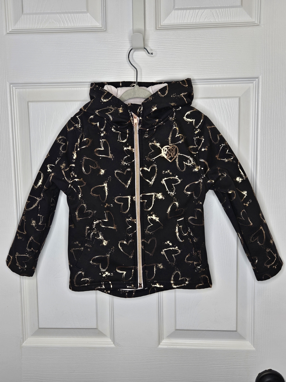 Body Glove Girls Black Softshell Jacket Gold Heart Print Hooded Fleece Lined 4T